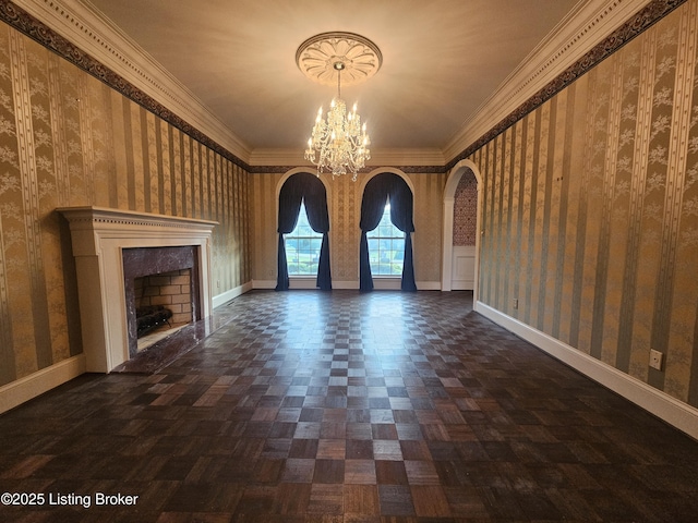 3501 Trinidad Ct, Lexington, KY 40509 - unfurnished living room featuring a chandelier, arched walkways, a fireplace, ornamental molding, and wallpapered walls