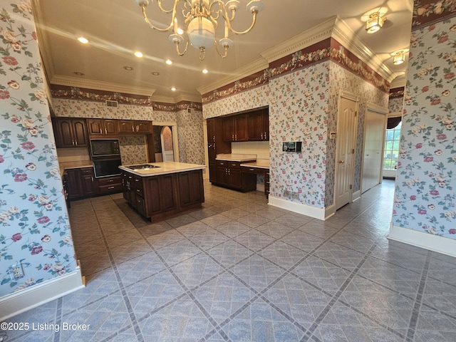 3501 Trinidad Ct, Lexington, KY 40509 - kitchen with ornamental molding, wallpapered walls, black appliances, light countertops, and a chandelier