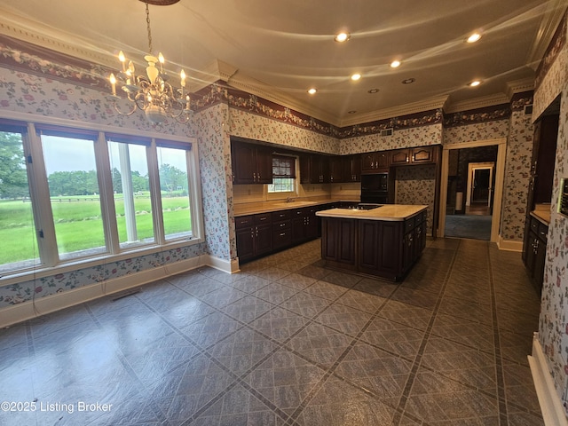 3501 Trinidad Ct, Lexington, KY 40509 - kitchen featuring wallpapered walls, crown molding, a chandelier, light countertops, and dark brown cabinets