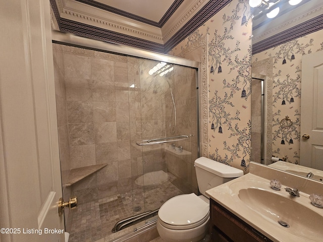 3501 Trinidad Ct, Lexington, KY 40509 - bathroom featuring a stall shower, crown molding, vanity, and wallpapered walls