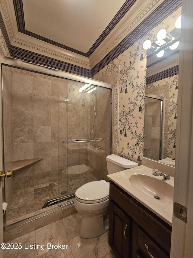 3501 Trinidad Ct, Lexington, KY 40509 - full bathroom featuring vanity, ornamental molding, a shower stall, and wallpapered walls