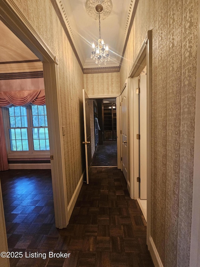 3501 Trinidad Ct, Lexington, KY 40509 - hall with wallpapered walls, a chandelier, and vaulted ceiling