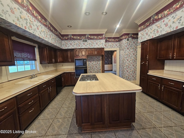 3501 Trinidad Ct, Lexington, KY 40509 - kitchen with wallpapered walls, black appliances, ornamental molding, light countertops, and a center island