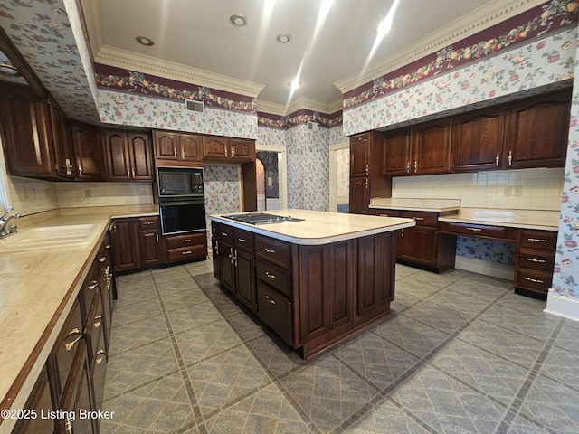 3501 Trinidad Ct, Lexington, KY 40509 - kitchen featuring crown molding, black appliances, light countertops, wallpapered walls, and decorative backsplash
