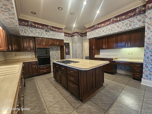 3501 Trinidad Ct, Lexington, KY 40509 - kitchen featuring crown molding, black appliances, light countertops, tasteful backsplash, and wallpapered walls