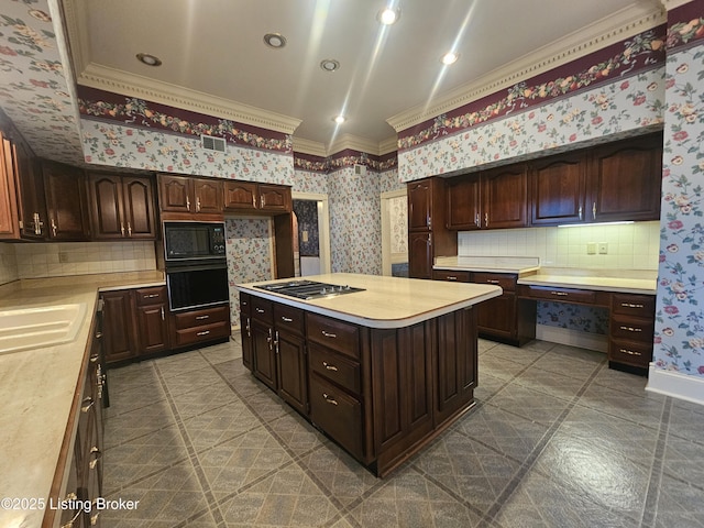 3501 Trinidad Ct, Lexington, KY 40509 - kitchen with ornamental molding, black appliances, light countertops, backsplash, and dark brown cabinetry