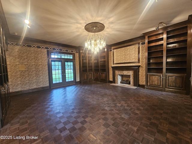 3501 Trinidad Ct, Lexington, KY 40509 - unfurnished living room with a chandelier, french doors, and a fireplace