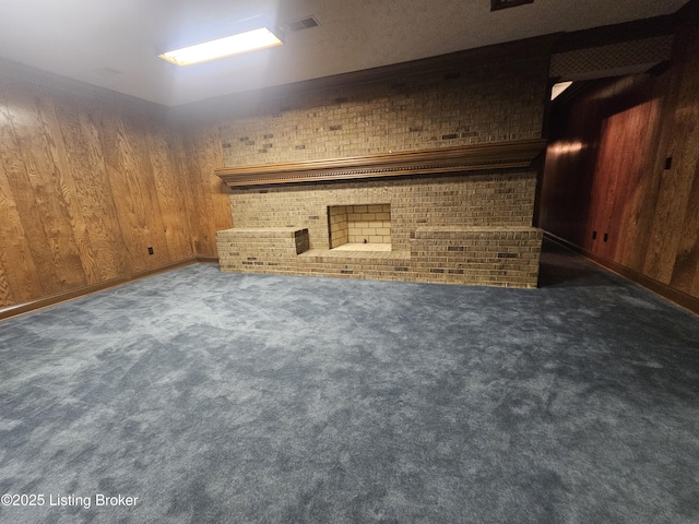 3501 Trinidad Ct, Lexington, KY 40509 - unfurnished living room with carpet flooring, brick wall, and wood walls