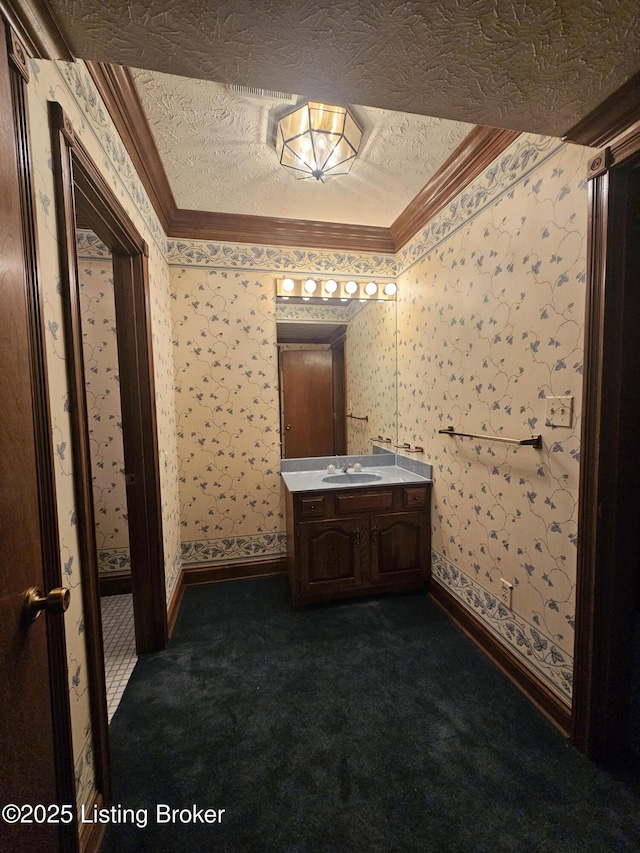 3501 Trinidad Ct, Lexington, KY 40509 - bathroom featuring ornamental molding, vanity, wallpapered walls, and a textured ceiling