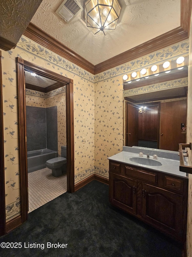 3501 Trinidad Ct, Lexington, KY 40509 - bathroom featuring vanity, ornamental molding, bathtub / shower combination, a textured ceiling, and wallpapered walls