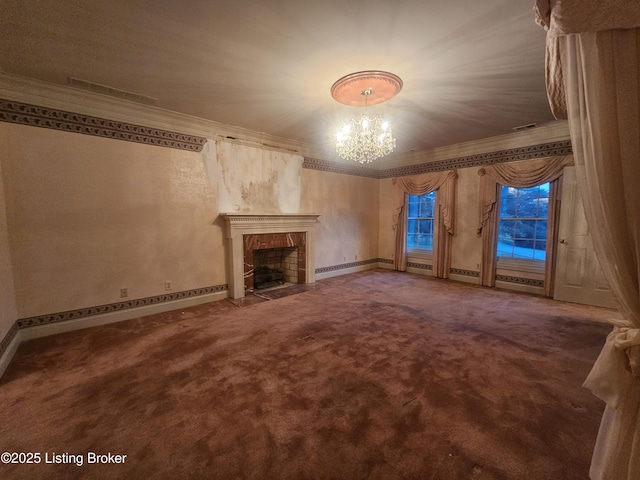 3501 Trinidad Ct, Lexington, KY 40509 - unfurnished living room featuring crown molding, a chandelier, carpet flooring, a premium fireplace, and a baseboard heating unit