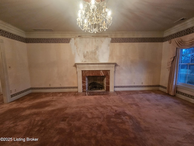 3501 Trinidad Ct, Lexington, KY 40509 - unfurnished living room featuring a chandelier, ornamental molding, carpet, and a premium fireplace