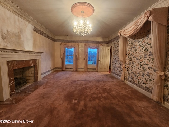 3501 Trinidad Ct, Lexington, KY 40509 - unfurnished living room with ornamental molding, a chandelier, carpet, a fireplace, and wallpapered walls