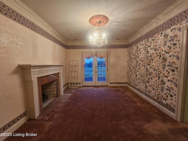3501 Trinidad Ct, Lexington, KY 40509 - unfurnished living room featuring french doors, a chandelier, carpet floors, crown molding, and a fireplace