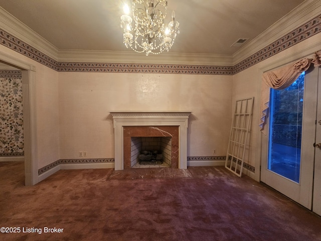 3501 Trinidad Ct, Lexington, KY 40509 - unfurnished living room featuring carpet flooring, a fireplace, crown molding, and a chandelier