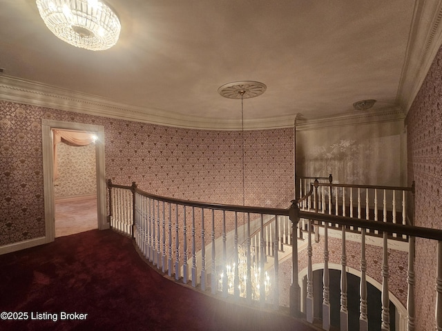3501 Trinidad Ct, Lexington, KY 40509 - corridor with wallpapered walls, an upstairs landing, crown molding, and carpet floors