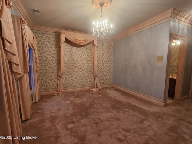 3501 Trinidad Ct, Lexington, KY 40509 - empty room with crown molding, carpet flooring, a chandelier, and wallpapered walls
