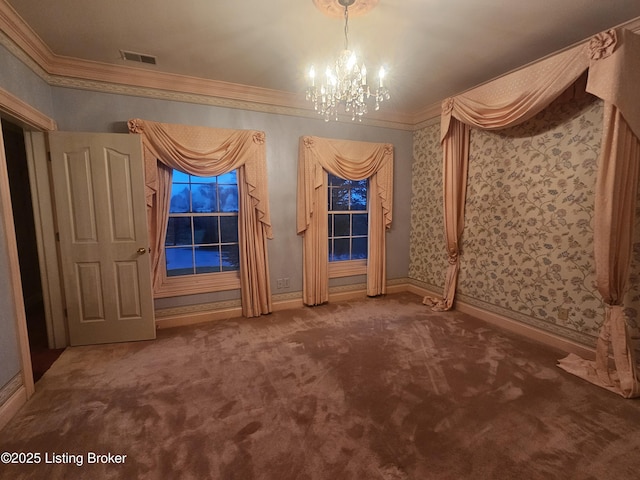 3501 Trinidad Ct, Lexington, KY 40509 - unfurnished dining area with a chandelier, ornamental molding, carpet flooring, and wallpapered walls