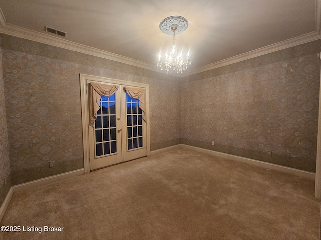 3501 Trinidad Ct, Lexington, KY 40509 - carpeted spare room with a chandelier, french doors, ornamental molding, and wallpapered walls