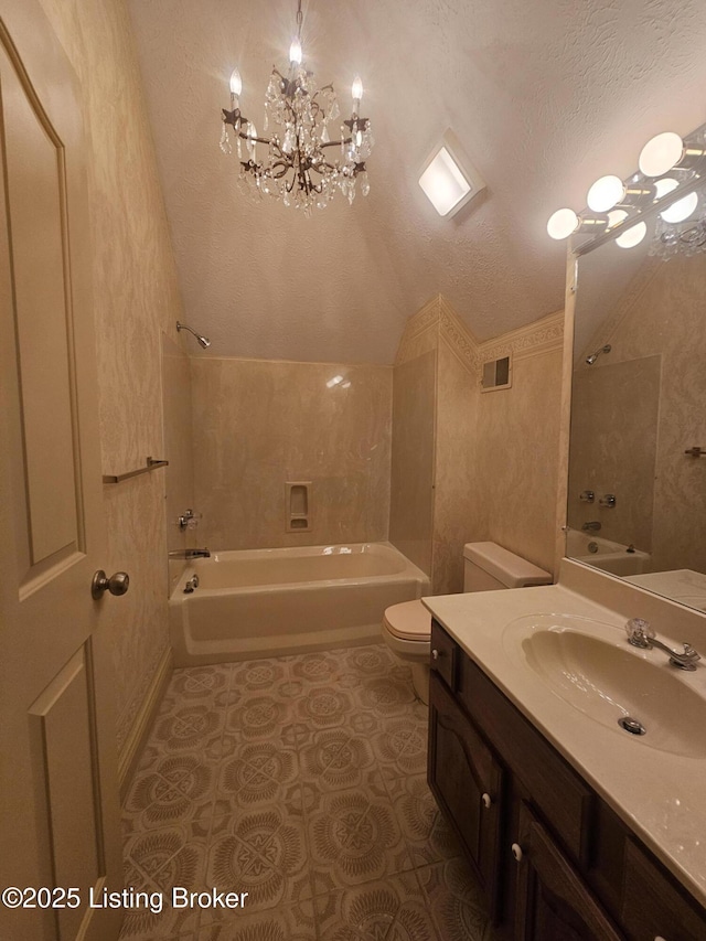 3501 Trinidad Ct, Lexington, KY 40509 - full bathroom with lofted ceiling, washtub / shower combination, vanity, a chandelier, and a textured ceiling