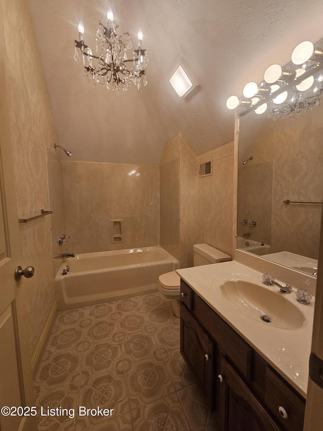 3501 Trinidad Ct, Lexington, KY 40509 - full bath with vaulted ceiling, shower / washtub combination, vanity, a chandelier, and a textured ceiling