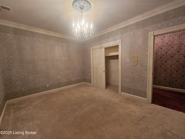 3501 Trinidad Ct, Lexington, KY 40509 - unfurnished bedroom with a chandelier, ornamental molding, carpet floors, and wallpapered walls