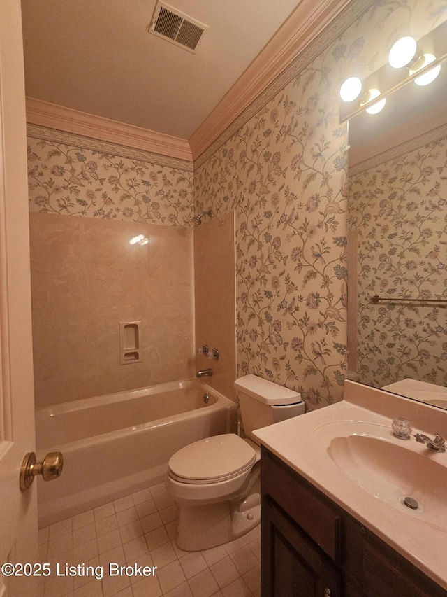 3501 Trinidad Ct, Lexington, KY 40509 - bathroom featuring crown molding, tile patterned flooring, vanity, wallpapered walls, and tub / shower combination