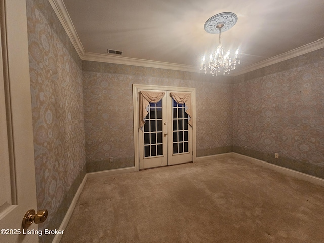 3501 Trinidad Ct, Lexington, KY 40509 - unfurnished room with a chandelier, carpet flooring, french doors, crown molding, and wallpapered walls
