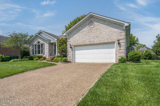 8415 Hurstbourne Woods Pl, Louisville, KY 40299 - ranch-style home with brick siding, concrete driveway, a front lawn, and a garage