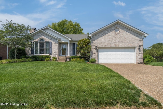 8415 Hurstbourne Woods Pl, Louisville, KY 40299 - single story home with a chimney, brick siding, concrete driveway, a front yard, and an attached garage