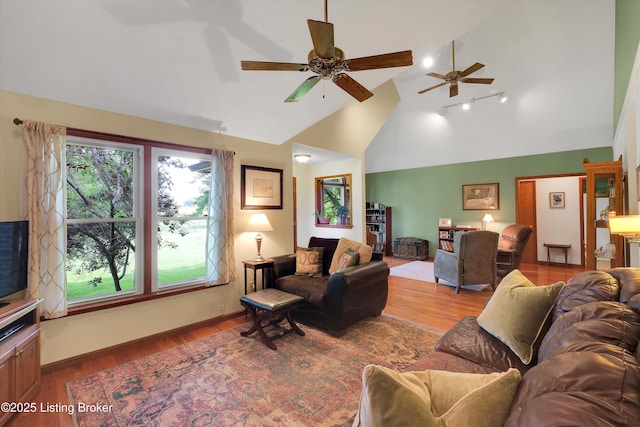79 Meadow Lake Dr, Taylorsville, KY 40071 - living room with high vaulted ceiling, wood finished floors, and ceiling fan