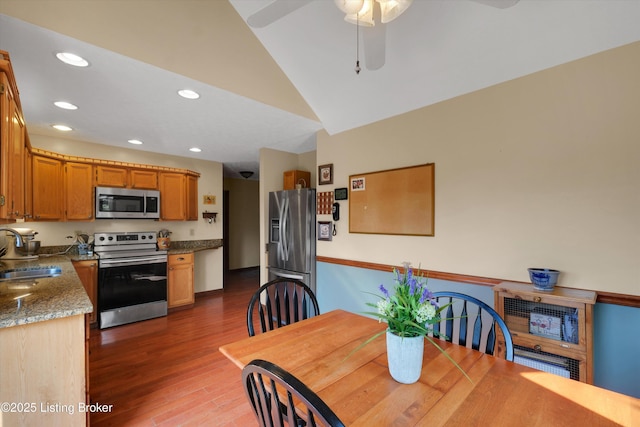 79 Meadow Lake Dr, Taylorsville, KY 40071 - dining area with recessed lighting, wood finished floors, vaulted ceiling, and a ceiling fan