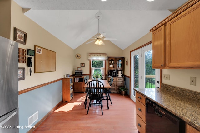 79 Meadow Lake Dr, Taylorsville, KY 40071 - dining space featuring light wood-style flooring, lofted ceiling, and ceiling fan