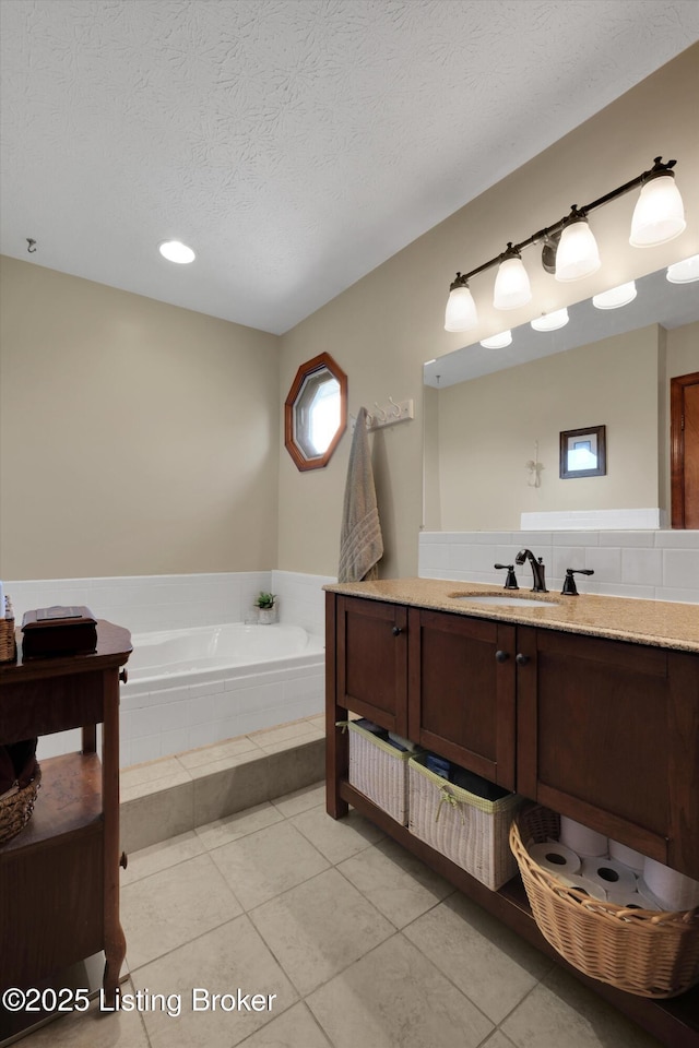 79 Meadow Lake Dr, Taylorsville, KY 40071 - full bath with a bath, vanity, a textured ceiling, tile patterned flooring, and recessed lighting