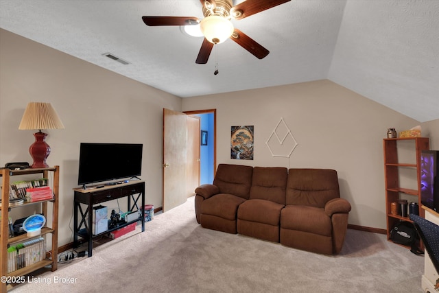 79 Meadow Lake Dr, Taylorsville, KY 40071 - living area with carpet flooring, ceiling fan, lofted ceiling, and a textured ceiling