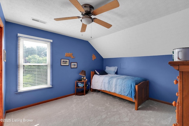 79 Meadow Lake Dr, Taylorsville, KY 40071 - carpeted bedroom with multiple windows, vaulted ceiling, a textured ceiling, and ceiling fan