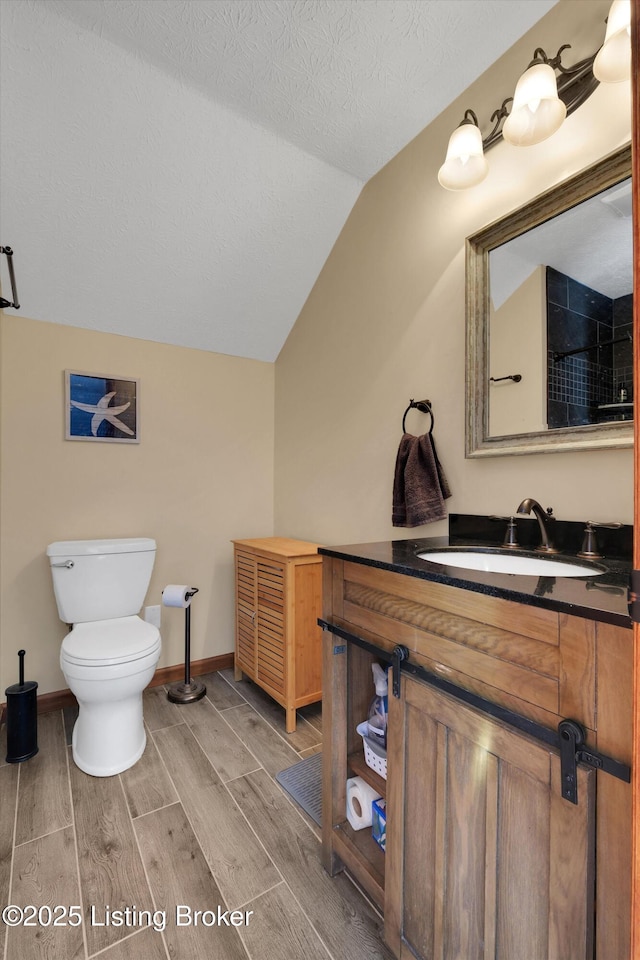 79 Meadow Lake Dr, Taylorsville, KY 40071 - full bath featuring vaulted ceiling, vanity, wood finish floors, and a tile shower