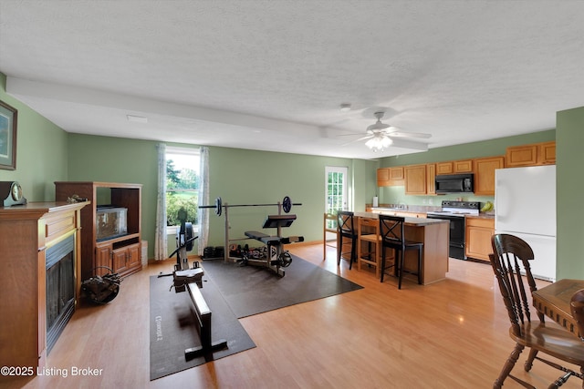 79 Meadow Lake Dr, Taylorsville, KY 40071 - exercise room with plenty of natural light, light wood-type flooring, a fireplace, and a textured ceiling