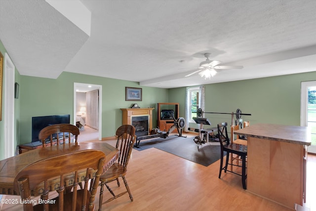 79 Meadow Lake Dr, Taylorsville, KY 40071 - dining space with a textured ceiling, a fireplace with raised hearth, plenty of natural light, light wood finished floors, and a ceiling fan