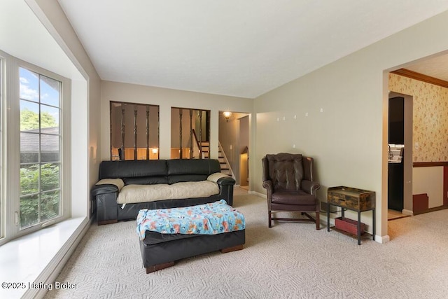 2312 Blevins Gap Rd, Louisville, KY 40272 - carpeted living room with stairway and wallpapered walls