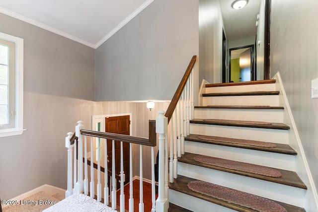2312 Blevins Gap Rd, Louisville, KY 40272 - staircase featuring crown molding and baseboards