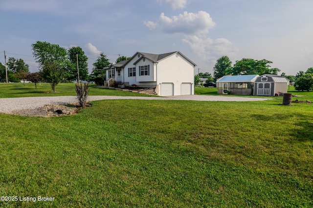 95 Sunny Meadows Dr, Vine Grove, KY 40175 - view of home's exterior featuring gravel driveway, an attached garage, a storage shed, and a yard