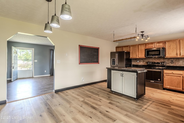 95 Sunny Meadows Dr, Vine Grove, KY 40175 - kitchen featuring fridge with ice dispenser, stainless steel electric stove, black microwave, light wood finished floors, and dark countertops