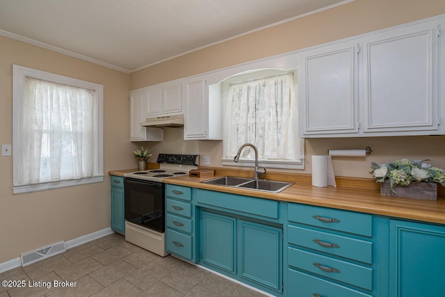 329 Robin Rd, Elizabethtown, KY 42701 - kitchen featuring range with electric stovetop, under cabinet range hood, blue cabinetry, ornamental molding, and white cabinetry