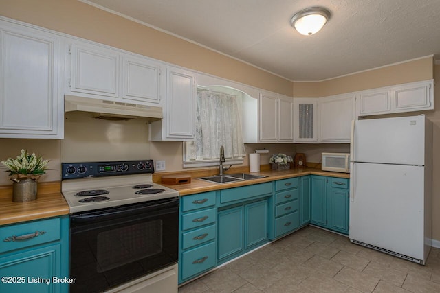 329 Robin Rd, Elizabethtown, KY 42701 - kitchen featuring white appliances, under cabinet range hood, white cabinetry, light countertops, and crown molding