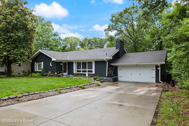 8504 Bambi Way, Louisville, KY 40214 - ranch-style house with an attached garage, a chimney, driveway, a front yard, and a shingled roof