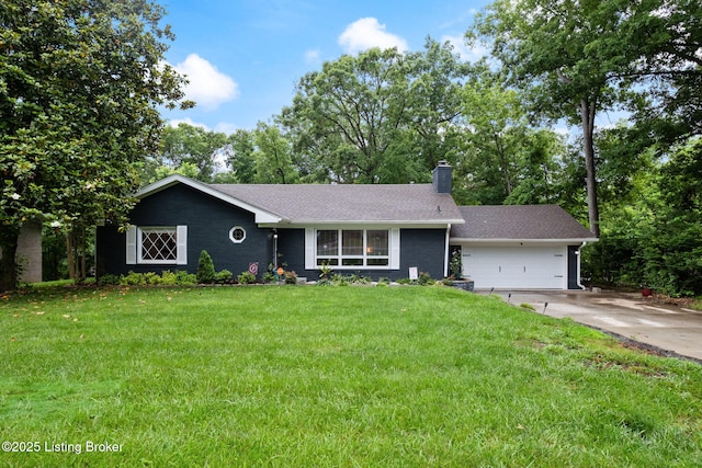 8504 Bambi Way, Louisville, KY 40214 - view of front facade with concrete driveway, a garage, a chimney, a front yard, and roof with shingles