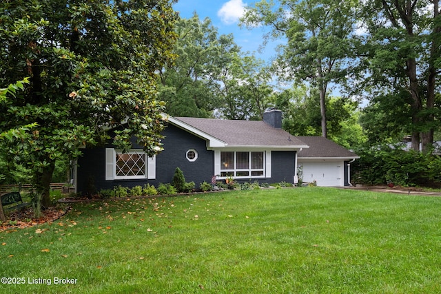 8504 Bambi Way, Louisville, KY 40214 - view of front of house featuring a chimney, a front lawn, and an attached garage