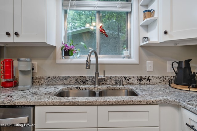 8504 Bambi Way, Louisville, KY 40214 - kitchen with white cabinetry, dishwasher, open shelves, and light stone countertops