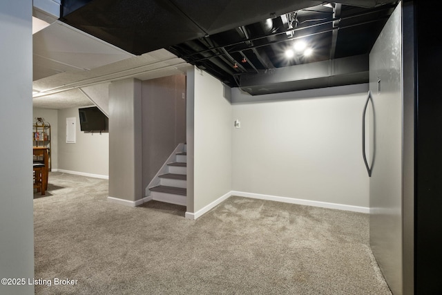 8504 Bambi Way, Louisville, KY 40214 - finished below grade area with carpet floors, stairway, and freestanding refrigerator